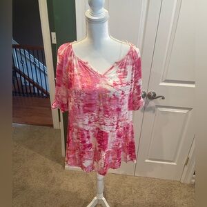 NWT- Beach Lunch Lounge Pink Tie-Dye tiered shirt ruffle sleeve Women's Top